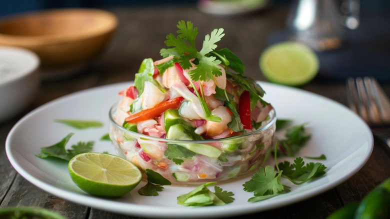 cilantro on ceviche in bowl