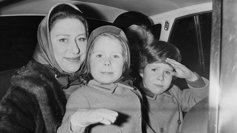 Princess Margaret in car with daughter Sarah and son David