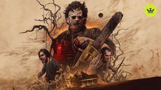 Best Xbox horror games: Texas Chain Saw Massacre promotional art showing key characters stacked above a cabin.