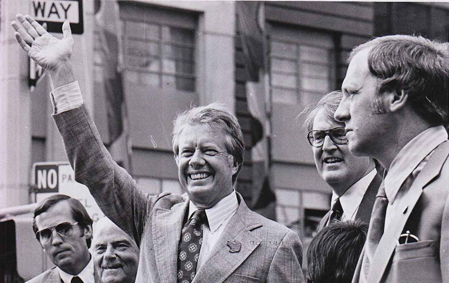 Georgia Governor Jimmy Carter waves to a crowd of supporters at a rally in his honor in front of the Americana Hotel in Manhattan, New York City, on July 10, 1976.