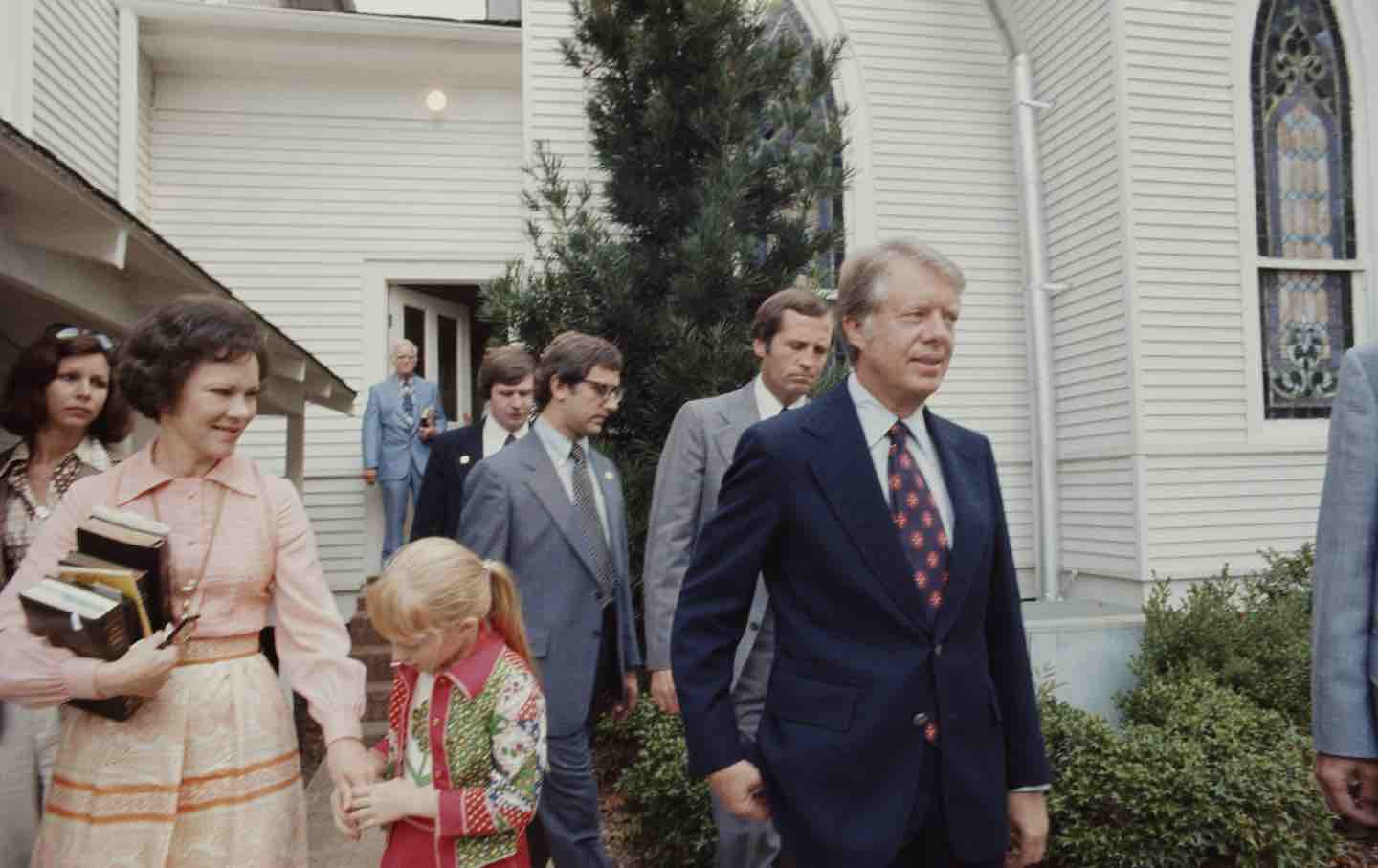 Jimmy Carter with his wife, Rosalynn, and their daughter, Amy, at the Baptist church in his hometown of Plains, Georgia, 1976.