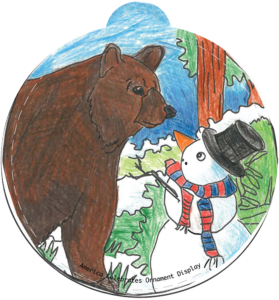 Illustration of a snowman looking up at a bear