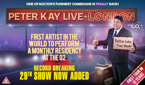 Promotional poster for comedian Peter Kay's live show in london at The O2 with him smiling, holding a thumbs up, and surrounded by colorful city graphics.