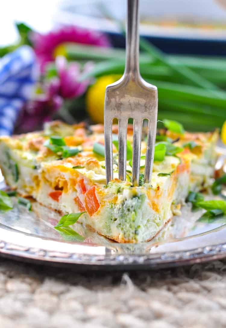 Close up photograph of Vegetable Pie with a fork.