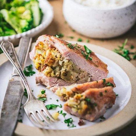 Square side shot of a plate of stuffed pork chops