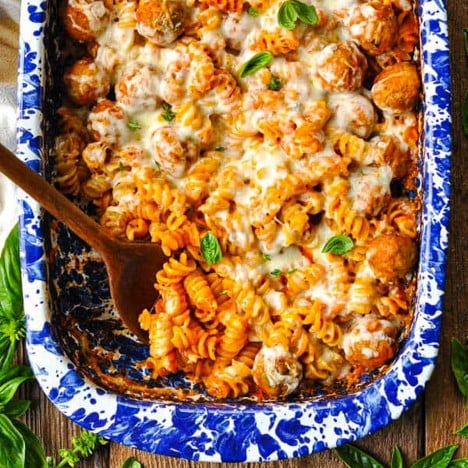 Overhead shot of a pan of dump and bake meatball casserole