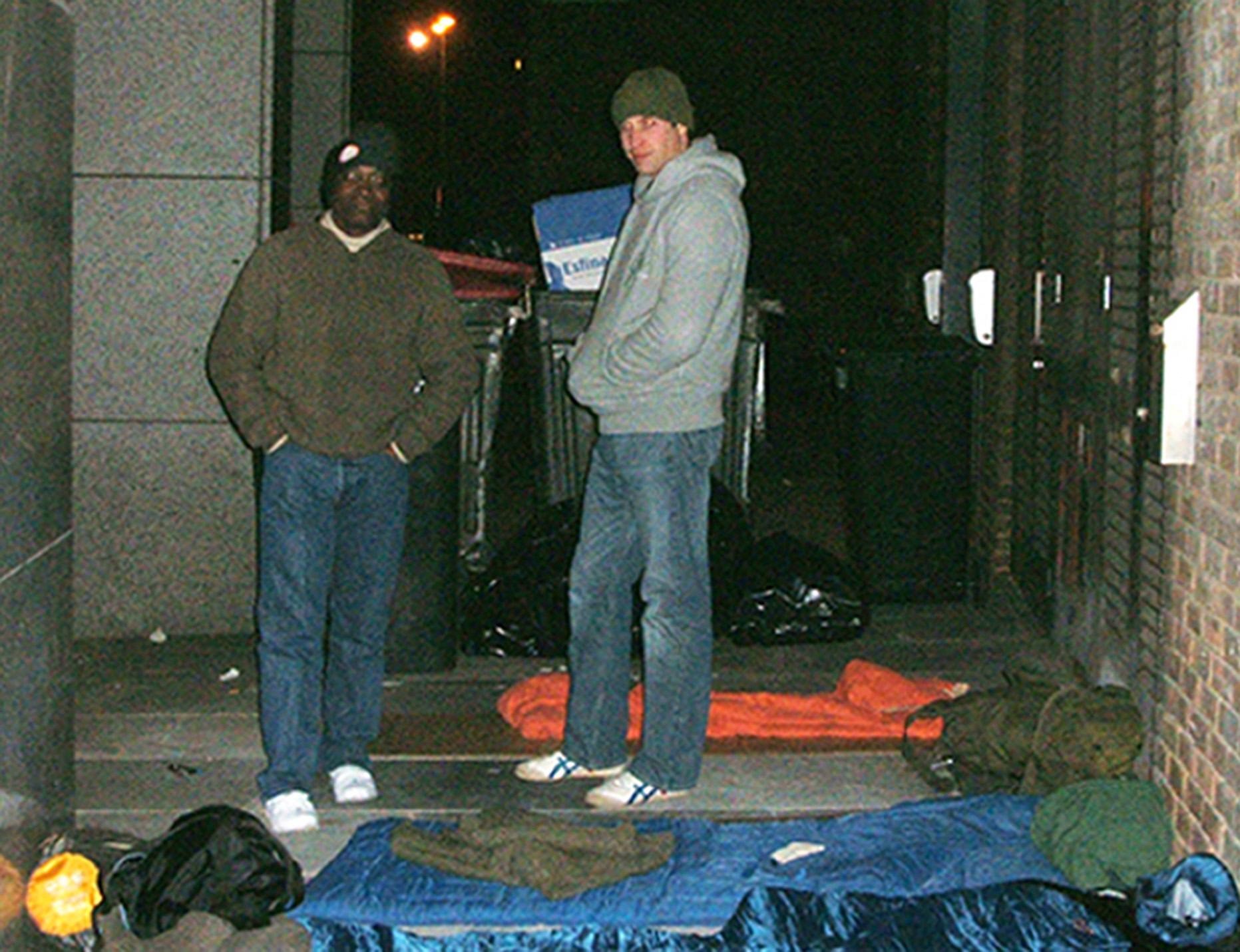 One freezing night in 2009, Prince William, pictured with Obakin, slept rough in a sleeping bag next to some dustbins near Blackfriars Bridge, central London