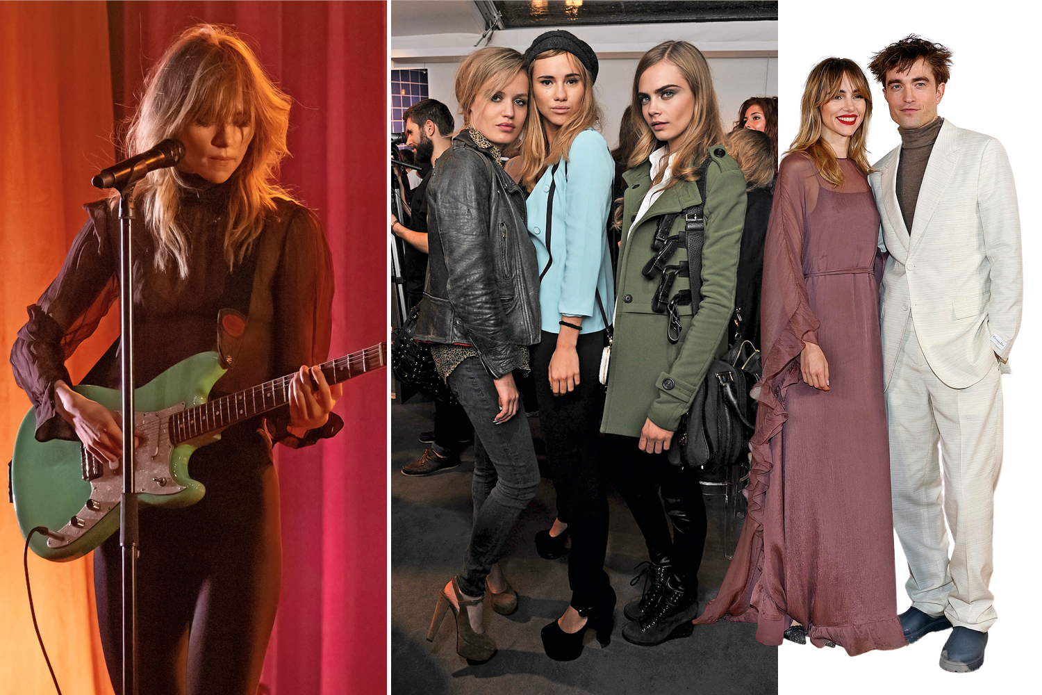 From left: Waterhouse performing in New York in January; a night out with Georgia May Jagger (left) and Cara Delevingne (right) in 2012; with her boyfriend, Robert Pattinson, at the Dior menswear show last December