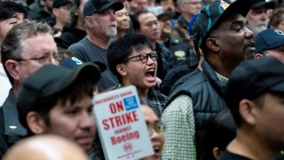 Boeing workers from the International Association of Machinists and Aerospace Workers at a rally in Seattle