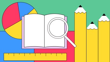 an illustration of a magnifying glass a ruler and pencils