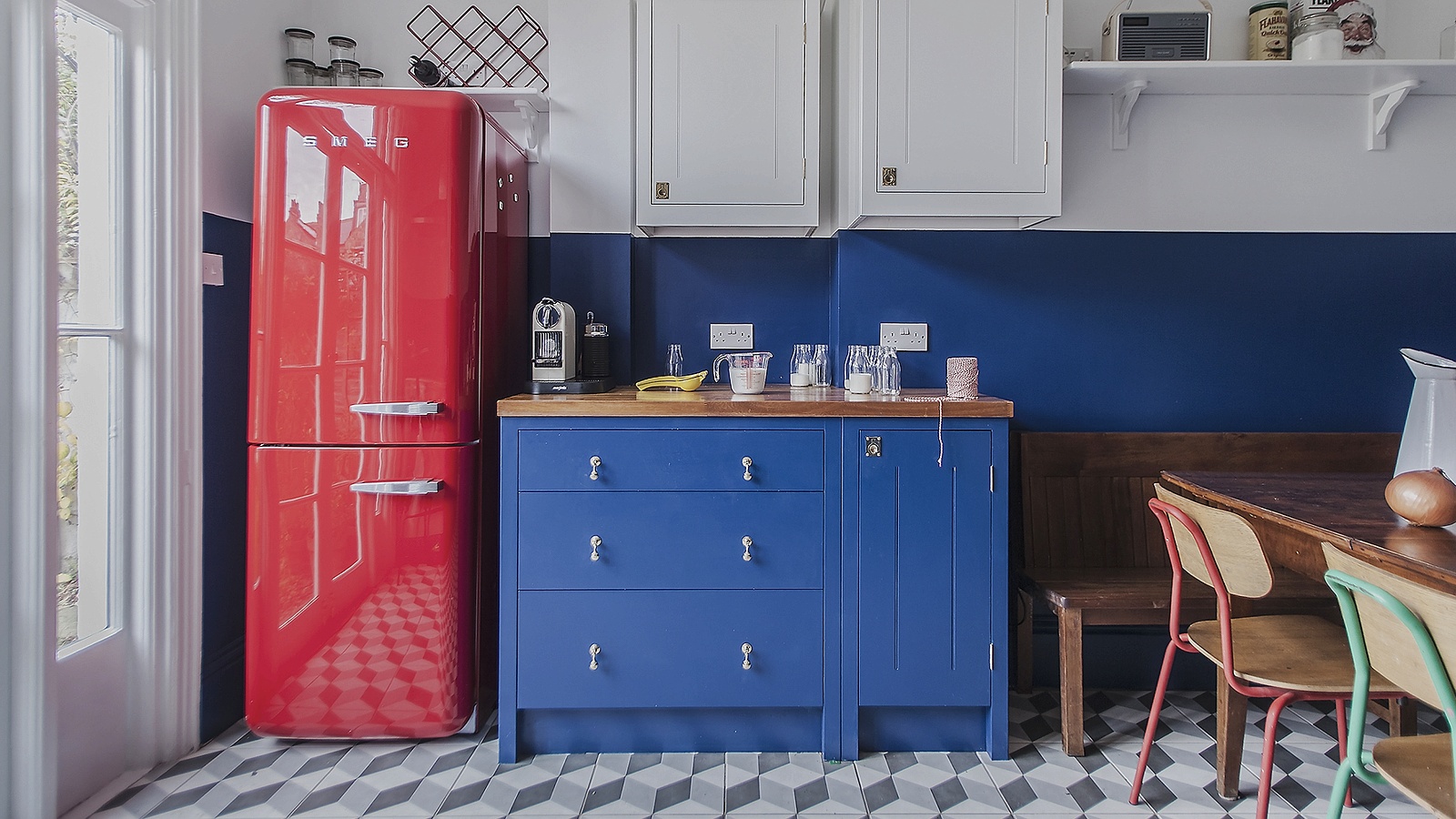 Smeg FAB38LCR5 70cm Fifties-style fridge-freezer; £2,189, shop.smeguk.com. Kitchen by britishstandardcupboards.co.uk (cupboards start at £590)