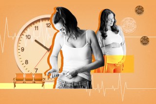 a woman is measuring her waist next to a clock and a laptop