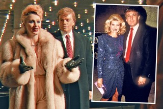 Sebastian Stan and Maria Bakalova in The Apprentice; Ivana and Donald Trump c 1987