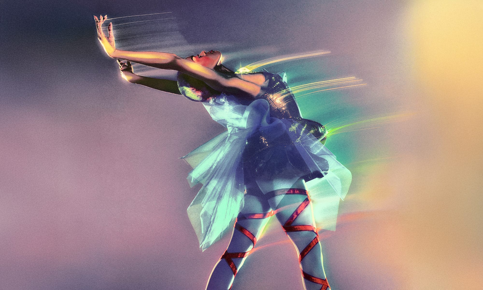 A Black ballerina dressed in tulle and red lace bends backwards against an iridescent background, lines of motion streaming from the front of her body.