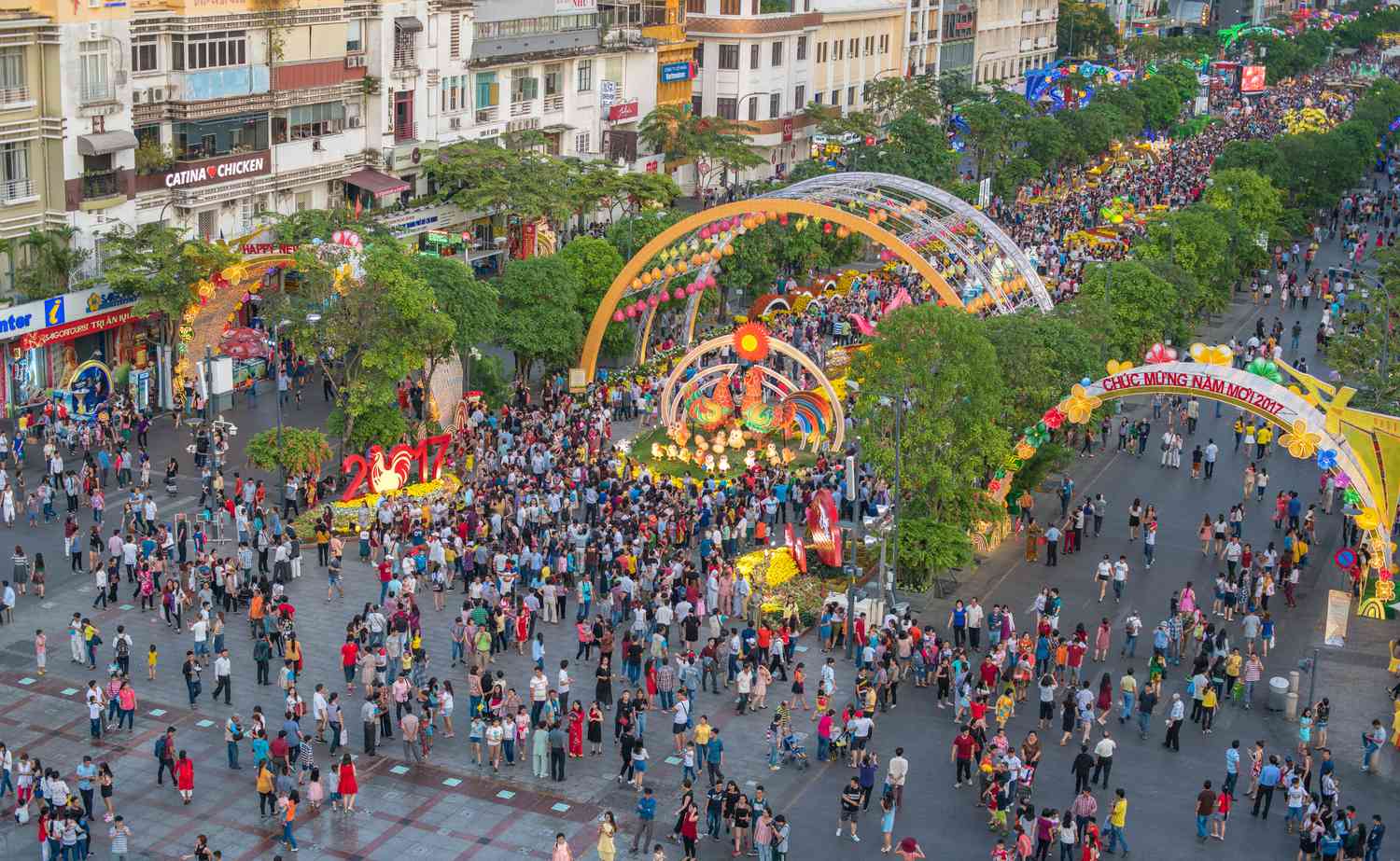 People on street for a Tet celebration in Vietnam