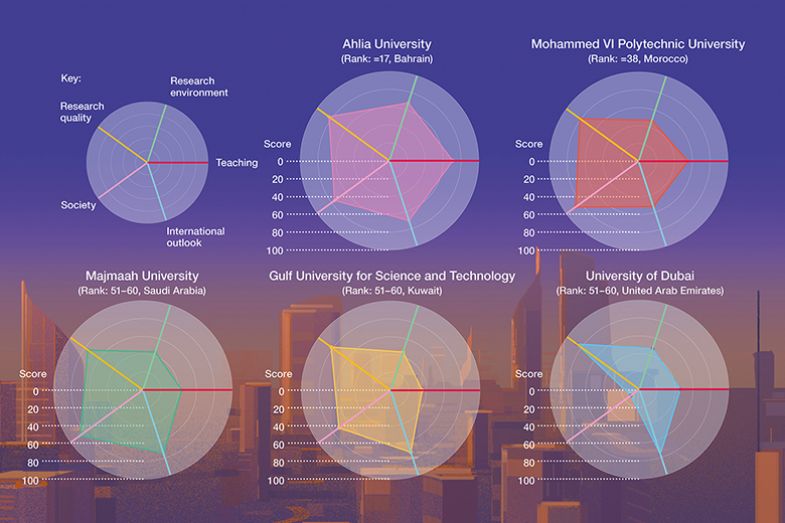 Radar charts showing how the five top newly ranked universities perform in the Arab University Rankings