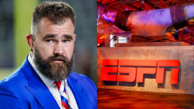 Photo of Jason Kelce in suit and photo of ESPN logo