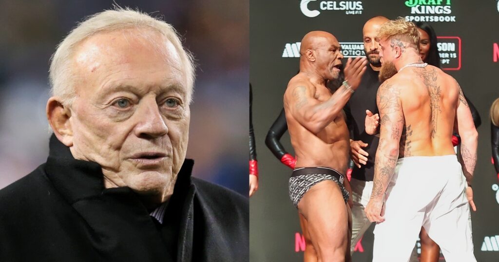 Jerry Jones looking on (left). Mike Tyson and Jake Paul stare down (right).