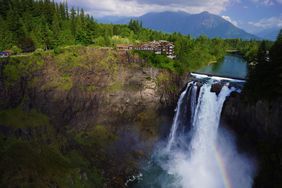 Aerial view of Salish Lodge next to a waterfall