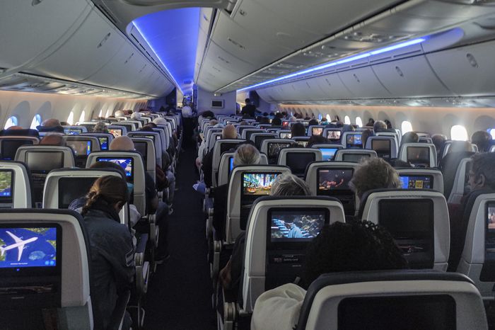 Cabin view of United Airlines Boeing 787 Dreamliner aircraft. 