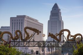 Tight shot of dragon sculptures at the entrance to Los Angeles' Chinatown district