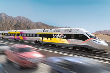 Exterior view of the Brightline West train 