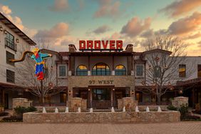 Exterior of Hotel Drover with neon signs