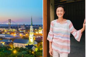 Pair of photos showing the Savannah skyline, and a portrait of pizza truck owner Kay Heritage