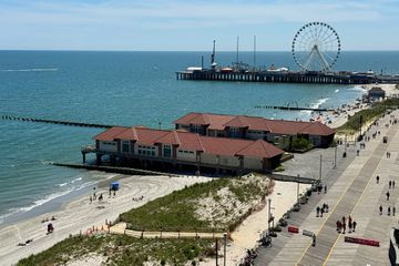 Aerial of the Atlantic City boardwalk and beach