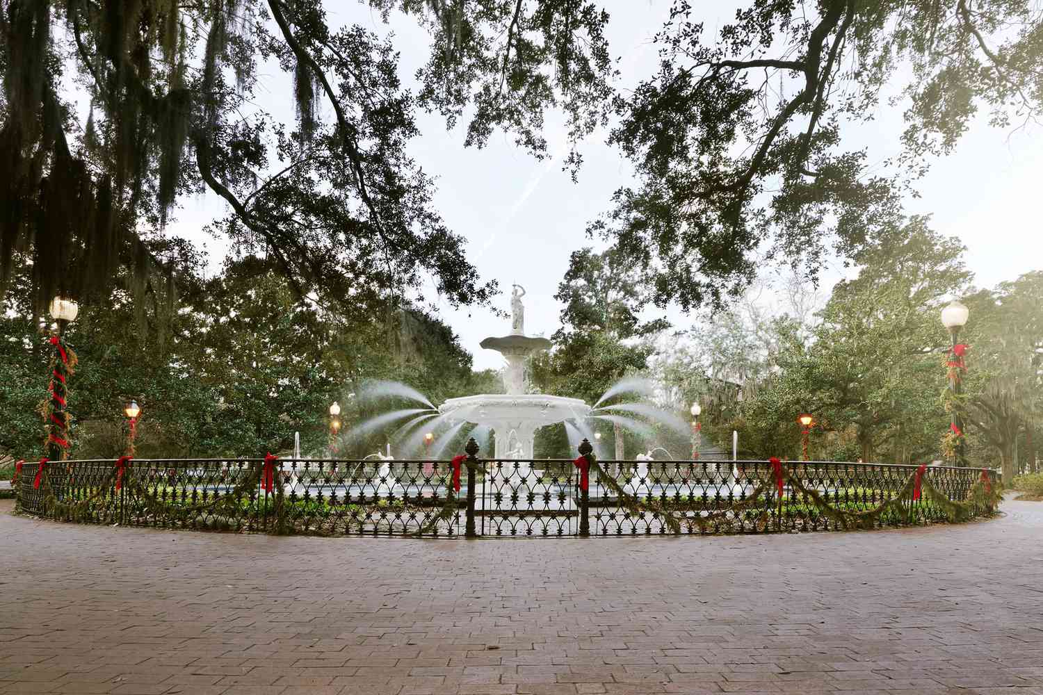 Christmas decorations cover the fountain in Forsyth Park