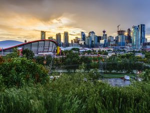 Calgary skyline with dramatic cloudy sky