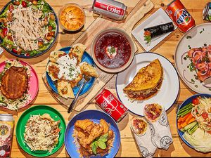 A table filled with food from Dekalb Market Hall