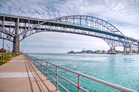 The twin spans of the Blue Water Bridges connect the cities of Port Huron, Michigan and Sarnia, Ontario