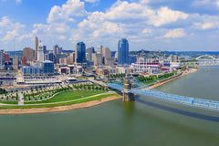 Cincinnati Ohio skyline with John Roebling bridge aerial view summer