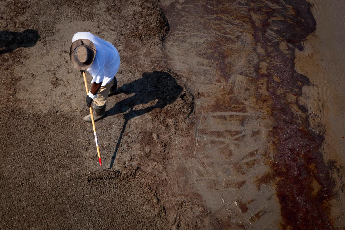 A worker uses a rake off a beach in Grand Isle, Louisiana June 9, 2010. REUTERS/Lee Celano