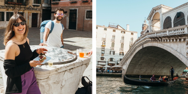 Zwei Fotos: eine junge Frau und ein junger Mann lächeln in die Kamera; Blick auf Rialtobrücke in Venedig