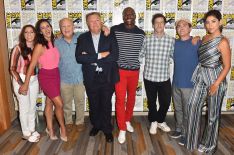 Chelsea Peretti, Melissa Fumero, Dirk Blocker, Joel McKinnon Miller, Terry Crews, Andy Samberg, Joe Lo Truglio, and Stephanie Beatriz attend 'Brooklyn Nine-Nine' Press Line during Comic-Con International 2018