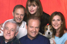 Frasier - David Hyde Pierce as Dr. Niles Crane, Jane Leeves as Daphne Moon, John Mahoney as Martin Crane, Kelsey Grammer as Dr. Frasier Crane, Moose (Dog) as Eddie, and Peri Gilpin as Roz Doyle