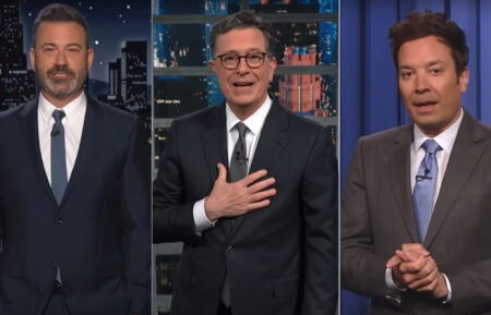 Jimmy Kimmel, Stephen Colbert, and Jimmy Fallon hosting late-night