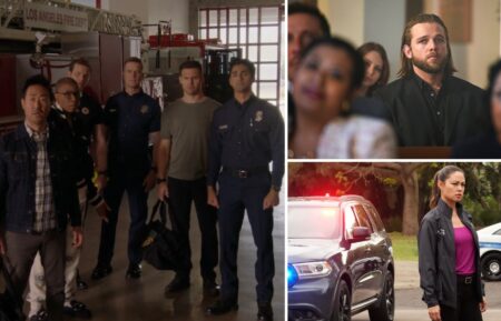 Kenneth Choi as Chimney, Aisha Hinds as Hen, Oliver Stark as Buck, Peter Krause as Bobby, Ryan Guzman as Eddie, and Anirudh Pisharody as Ravi in '9-1-1'; Max Thieriot as Bode in 'Fire Country,' and Vanessa Lachey as Jane in 'NCIS: Hawai'i'