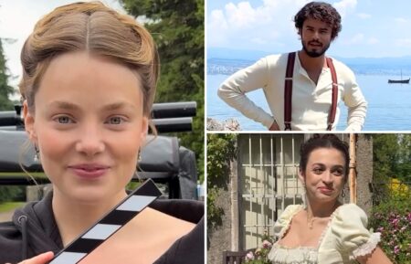 Kristine Froseth, Matthew Broome, and Josie Totah behind the scenes of 'The Buccaneers' Season 2