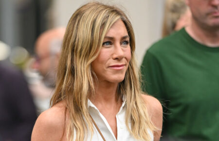 Jennifer Aniston is seen filming on location for 'The Morning Show' in the Flatiron District on July 27, 2024 in New York City. (Photo by James Devaney/GC Images)