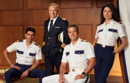 Sean Teale as Tristan, Don Johnson as Captain Massey, Joshua Jackson as Dr. Max Bankman, and Phillipa Soo as Avery in Doctor Odyssey