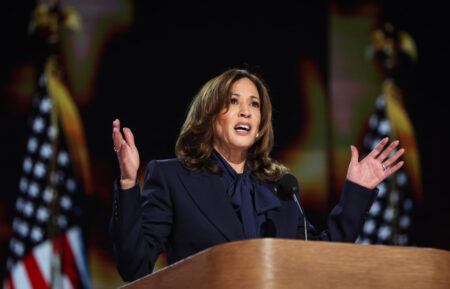 CHICAGO, ILLINOIS - AUGUST 22: Democratic presidential candidate U.S. Vice President Kamala Harris speaks on stage during the final day of the Democratic National Convention at the United Center on August 22, 2024 in Chicago, Illinois. Delegates, politicians, and Democratic Party supporters are gathering in Chicago, as current Vice President Kamala Harris is named her party's presidential nominee. The DNC takes place from August 19-22. (Photo by Justin Sullivan/Getty Images)