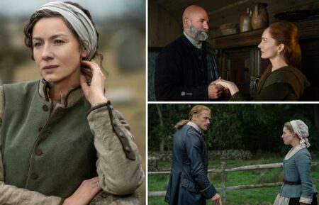 Caitriona Balfe as Claire, Graham McTavish as Dougal, Lotte Verbeek as Geillis, Sam Heughan as Jamie, and Nell Hudson as Laoghaire in 'Outlander' Season 7 Part 2