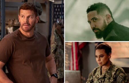 David Boreanaz as Jason Hayes, Neil Brown Jr. as Ray Perry, and Toni Trucks as Lisa Davis — 'SEAL Team'