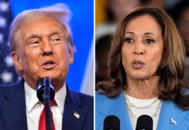 A split photo with Donald Trump on the left and Kamala Harris on the right