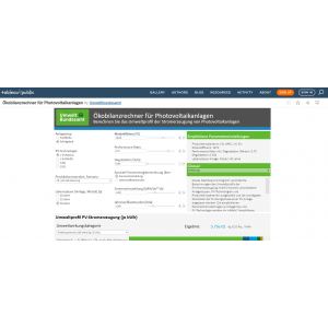 Screenshot der Startseite des Ökobilanzrechners für Photovoltaikanlagen