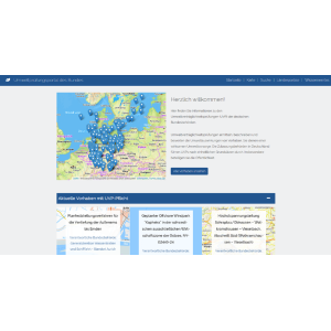 Startseite des UVP-Portals des Bundes mit einer Karte, auf der Pinnnadeln die Standorte aktueller Vorhaben anzeigen