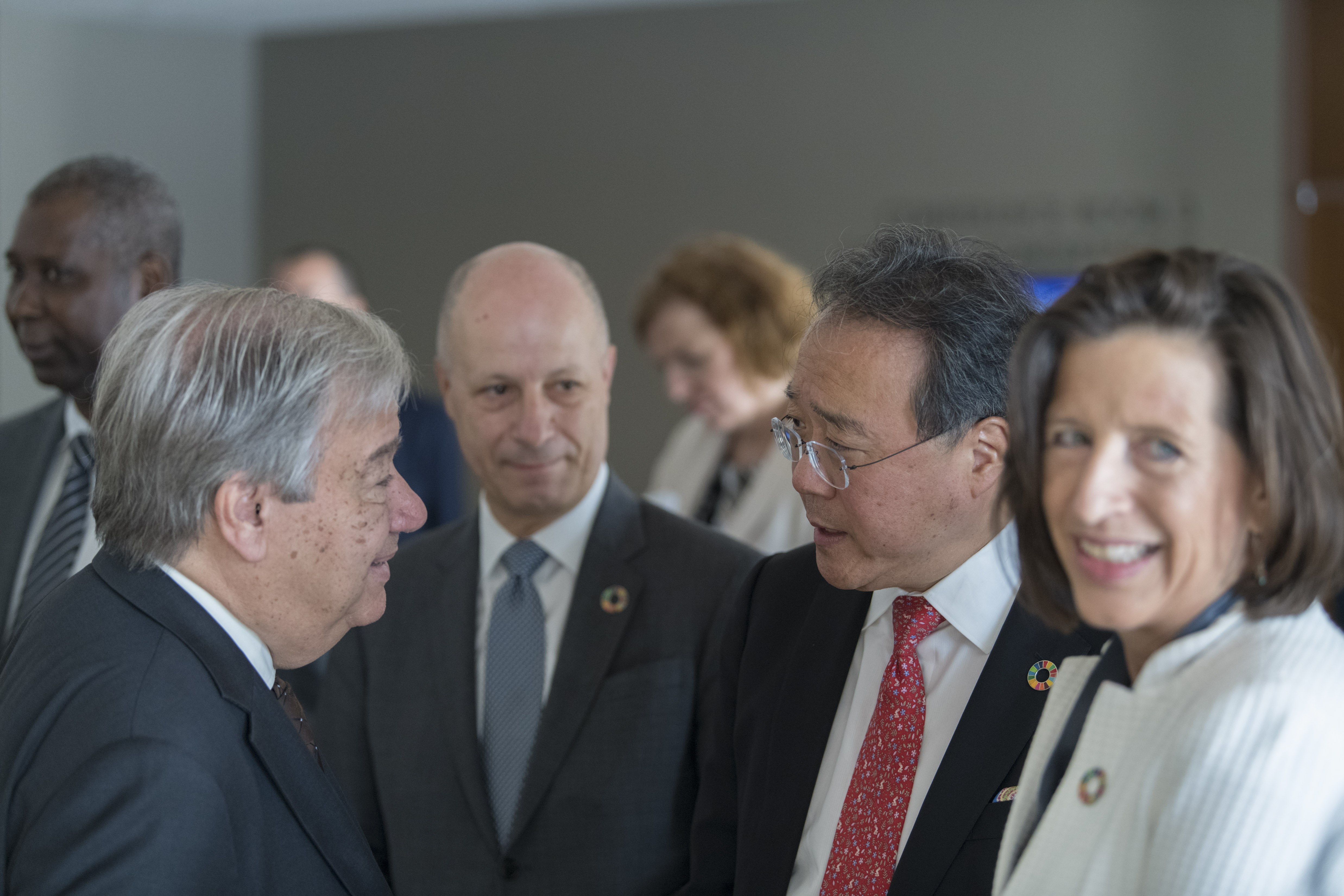 Secretary-General António Guterres speaks with Yo-Yo Ma, UN Messenger of Peace, at the Peace Bell ceremony in observance of the International Day of Peace (21 September). 20 Sept 2019. United Nations, New York/UN Photo/Mark Garten